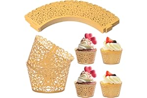 Chstarina 50 Piezas Envoltorios para Cupcakes de Encaje, Filigrana Papel para Magdalenas, Envoltorios Decorativos para Magdalenas para Bodas, Cumpleaños, Fiestas, Navidad Decoraciones (Oro)