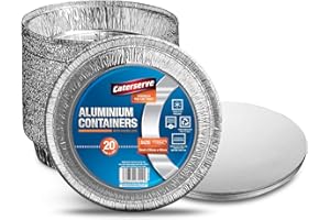CATERSERVE 20 Aluminium Foil Trays with Paper Lids – Round Foil Flan Dishes – Durable and Food Grade Tin Pie Cases – Oven and Freezer Safe – Baking Trays Containers - 9 inch-23cm