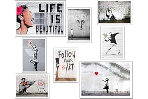 DKORARTE Lot de 8 tableaux en bois pour décoration de salon modernes, chambres, chambres, banksy avec crochets métalliques (2 x 38 x 29 cm ; 6 x 29 x 20 cm)