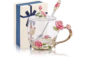 GeeWaa Zestaw kubków emaliowanych z łyżeczką i pokrywką, z motylami, kwiatami, na kawę, prezent na Dzień Matki, wesele, urodziny, ukończenie szkoły, walentynki, Święta, dla kobiet, żony, nauczycielki