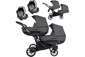 Poussette pour jumeaux bébé 3en1 et 2en1 nacelle siège-auto 3 en 1 et 2 en 1 poussette duo KUNERT BOOSTER 3 in 1 et 2 en 1 accessoires (graphite, 3in1 Kite)