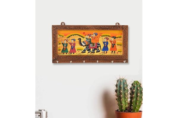 JaipurCrafts Wooden Rajasthani Art Work 6 Hook Hanging Key Holder/Keychain Holder- Decorative Items for Home Decor (Brown (12 x 6 in)