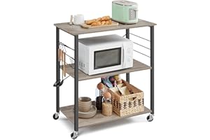 VASAGLE Kitchen Shelf on Wheels, Serving Trolley with 3 Shelves, Microwave Shelf, for Mini Oven, Toaster, with 6 Hooks, 40 x 80 x 89 cm, Industrial Style, Heather Greige and Ink Black KKS067K02