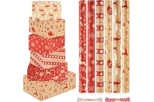 CHEPULA 6 Rouleau Papier Cadeau Noel, 300 x 43 cm Papier Emballage Cadeau Noel, Vintage Papier Noel Demballage, Recyclable Kraft Papiers Cadeaux de Noel, Rouge & Marron