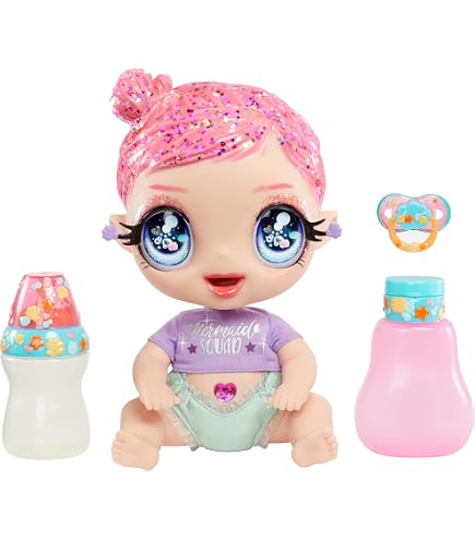 Glitter Babyz Muñeca Lila Wildboom - Cambio De Color Mágico Con 3 Efectos, Pelo Morado Y Vestido De Flores - Incluye Pañal, Biberón Y Chupete Reutilizables Muñeca De Colección Con Accesorios