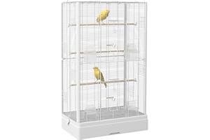 PawHut klatka na ptaki, wolierka z drzwiami, drążkami do siedzenia – klatka dla ptaków kanarków, papużek, papużków, 61 x 36,5 x 98 cm, biały