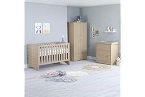 Babymore Veni 3 Piece Nursery Room Set Oak - 1 Baby Cot Bed & One 2 Door Wardrobe Having Full Size Drawer & 1 Chest Changer, Wooden Chest Of Drawer Storage Cabinet | 3 Piece Nursery Room Set Oak