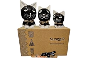 SusggO Set de 3 Gatos de Madera. Hechos a Mano Artesania Figuras Gatos Decorativos Decoracion Tallado a Mano Gato de la Suerte Adorno Mueble (Negro Detalles Blancos Negro GNB)