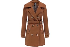 Wantdo Femme Manteaux en Laine Mélangée à Double Boutonnage Manteau Femme Hiver Chic Manteau Chaud Mi-Long Épaulette Manteau Mince avec Ceinture