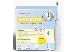 NEOPULSE® - NEOKIDS® - Brosse à Dents Électrique Enfant Sonique Rechargeable + 1 Brossette/tête de brosse blanche Ultra-Souple - dès 3 ans - 2 Modes - Minuteur - personnalisable avec 50 Autocollants