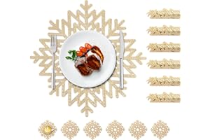 UNICTOP Schneeflocken Platzset Rund, 12er Set Tischläufer platzset Gold, hitzebeständig, rutschfest, 6X 38cm Tischuntersetzer+6X 10cm Glas Untersetzer
