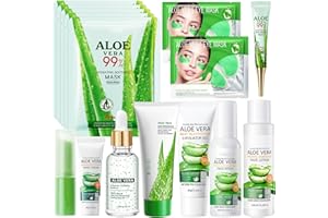 YCAAEO 15 Pièces Aloe Vera Ensemble de Soins de la Peau, Coffret de Soins du Visage à l'Aloe Vera, avec Nettoyant, Sérum, Toner, Crème pour les Mains, Masque, Baume à Lèvres, Patchs pour les Yeux