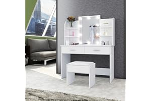 SHDFFHZ Dressing Table with LED Lights Mirror, White Vanity Makeup Table Set with 2 Drawers 6 Shelves, Modern Makeup Cosmetic Dresser Table Stool for Girls Women, Bedroom Furniture