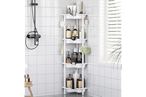 OriwarE Półka prysznicowa bez wiercenia, 4 sztuki, stojąca, z tworzywa sztucznego, metalowa, patchworkowa, regał magazynowy z 4 haczykami, odporny na rdzę, narożny regał prysznicowy, biały