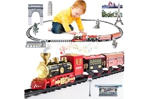 DONGQI Trenino Natalizio,Trenino Elettrico per Bambini, Locomotiva a Vapore,Trenino Elettrico di Natale con Fumo, Luci e Suoni, Pista Treno Elettrico è un Regalo di Giochi per Bambini 4 5 6 7 8 9 10 Anni