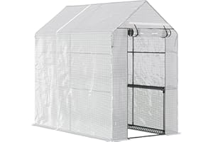Outsunny Walk In Greenhouse with 2-Tier Shelves, Roll up Zip Panel Door, Garden Polytunnel Steeple Grow House for Outdoor, 6 x 4 x 6ft White