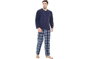 iceBoo Mens Fleece Pyjamas Set V-Neck Long Sleeve Top & Checked Plaid Bottom suit with Side Pockets