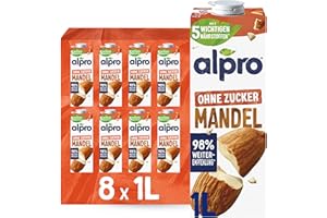 ‎ALPRO Alpro Mandeldrink Ohne Zucker – Quelle von Calcium und Vitaminen – Zuckerfrei, glutenfrei, fettarm, ohne Laktose, vegan und milchfrei – 8 x 1 L – Haltbar