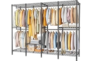REIBII Clothes Rail, 500KG Heavy Duty Rails for Bedroom, Clothes Rack Metal Clothing Rail Open Wardrobes for Bedroom Clothes Storage with Adjustable Shelves for Livingroom, Dormitory (Black)