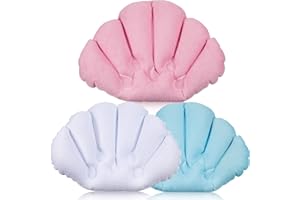 JETEC 3 Pieces Inflatable Bath Pillow with Suction Cups, Terry Cloth Covered Shell Shape Bathtub Spa Pillow Comfortable Soft Cushion, Neck Support(Pink, Blue, White)