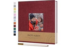Vienrose Álbum de Fotos Autoadhesivo con Ventana para Fotos de 10x15, Pequeño Álbum de Recortes de Lino 40 Páginas Blancas DIY Libro de Recortes con Bolígrafo de Metal, 17x18 CM Rojo