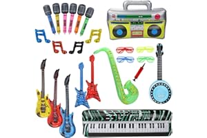 Lilwemen 24-teiliges aufblasbares Rockstar-Spielzeug-Set, aufblasbare Gitarre, Saxophon, Mikrofon, Klavier, Radio, Ghettoblaster, Luftballons, lustige Musikinstrumente, Zubehör für Kinder, Party