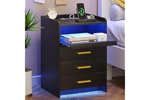 FREDEES Black Bedside Table with Charging Station and Led Lights, Bedside Cabinet with 3 Drawers, Modern Nightstand with Storage for Bedroom, Living Room