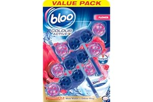 Bloo Colour Active Toilet Rim Block Fresh Flowers with Anti-Limescale, Cleaning Foam, Dirt Protection and Extra Freshness with Bloo Odour-Stop Technology, Pack of 3 Rimblocks
