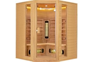 Artsauna Eck-Infrarotkabine Nyborg E150V - Infrarotsauna 150x150 cm Vollspektrumstrahler für 4 Personen - LED-Farblicht - Wärmekabine aus Hemlockholz