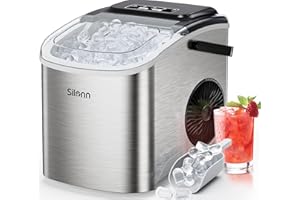 Silonn Eiswürfelmaschine, Kleine Eiswürfelmaschine mit Tragegriff, 9 Eiswürfeln in nur 6 Min., 12 kg Eis in 24 Stdn. Selbstreinigend Kompakt mit 2 Eisgrößen, Ideal für Küche Büro und Partys, Silber