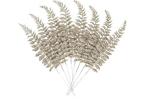 KKSTY 16Pcs Champagne Gold Glitter Leaves Artificial Boston Fern Leaf Picks for Christmas Tree Decoration Vase Filler Flower Arrangment Hallloween Wreath DIY Crafts Home Decor