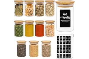 ComSaf® Zestaw słoików na przyprawy z drewnianą pokrywką, 12 sztuk, okrągły organizer na przyprawy, solniczka o pojemności 250 ml i 275 czarnych etykiet, do przechowywania przypraw, soli, cukru