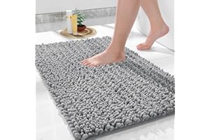 Yimobra Bathroom Mat, 43 x 61 cm, Luxury Chenille Shaggy Microfiber Bath Rugs, Extra Soft & Thick, Absorbent Water, Non-Slip, Machine Washable, Bath Mats for Bath Floor,Tub and Shower, Gray