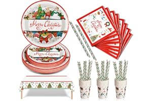 Nkaiso 126 Pièces Vaisselle en Papier de Noël, Jetable Ensemble Assiettes en Papier, Verres, Serviettes et Nappe à Motifs Festifs - Décoration de Fête Thématique Pour 25 Invités