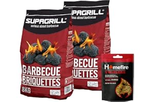 Barbeque Grill Charcoal Bulk of 2 x Supagrill Barbecue Briquettes Charcoal 8kg bags & Homefire Twizlers Wood Wool Firelighters 300g with Topline Card for Outdoor BBQs, Camping, Garden Events.