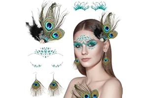 HIFOT 4 Stück Pfau KostüM Damen Pfauenfeder Haarspangen Pfau Haarschmuck Feder Ohrringe Pfau Kopfschmuck Falsche Wimpern Glitzersteine Gesicht Festival Accessoires Rave Outfit Feder Fascinator Damen