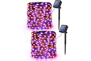 Halloween Deko Solar Lichterkette Lila Orange, BrizLabs 2 Stück 14M 120 LED Solar Kupfer Lichterketten Outdoor 8 Modi Wasserdicht Herbst Lichter für Erntedankfest Weihnachten Hause Außen Balkon DIY