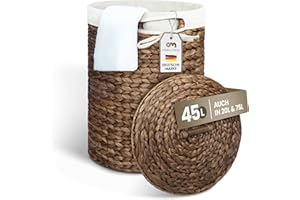 Casa Mina® Wäschekorb mit Deckel D35 x H50cm hoch I Atmungsaktiver Wäschekorb geflochten aus 100% Naturfaser I Robuster Wäschesammler mit Griffen & waschbarem Innensack I Wäschekörbe - Manila