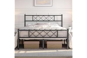 Yaheetech 5ft King Bed, Metal Bed Frame Mattress Foundation with Cross-design Headboard & Footboard, Slatted Bed Base for Teenagers/Adults, Black