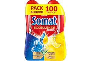 Somat Excellence Gel Lima y Limón (100 lavados), lavavajillas líquido automático en botella, detergente desengrasante, elimina la suciedad incrustada