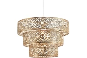 Traditional Polished Gold Acrylic Gem Moroccan Style Triple Tier Ornate Pendant Light Shade with Transparent Sparkly Beads | 60w Maximum | 30cm Diameter by Happy Homewares