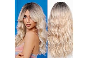 WOKESTAR Long Highlight Champagne Blonde Wigs for Women Synthetic Hair Wig with Curtain Fringe