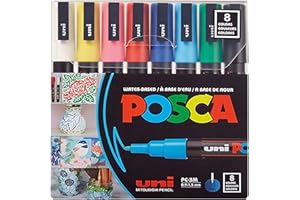 POSCA Mitsubishi Pencil - 8 Marqueurs PC3M - Pointe Conique Pointe Fine - Marqueurs Peinture à Base d'Eau - Tout Support - Pour Papier, Textile, Verre, Galet, Bois - Couleurs Classiques