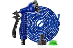 Expandable Garden Hose 100ft - Flexible Hose Pipe with Multi-Function Spray Gun, Weatherproof & Anti-Tangle, Blue - Savisto