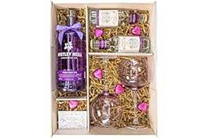 SPARKLEWARE Whitley Neill Gin 70cl Gift Set Hamper With 2 Violet Balloon Gin Glasses, Tonics, Chocolates and Gift Box - G&T Congratulations, Thank you Gin Hamper for Couples (Parma Violet)