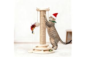 MORA PETS Cat Scratching Post for Indoor Cats with Solid Wooden Base Cat Scratche Post with Interactive Track Ball Toys Kitten Small Scratcher Post Funny Cat Scratch Pole 45cm