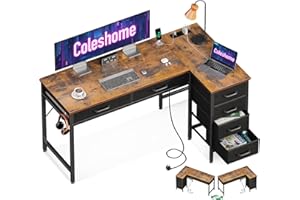 ‎COLESHOME Coleshome Eckschreibtisch mit 6 Schubladen, Schreibtisch L Form mit Steckdose, PC Tisch und Computertisch mit Stauraum, Umkehrbarer Bürotisch fürs Schlafzimmer (Vintage Brauner, 126x80 cm)
