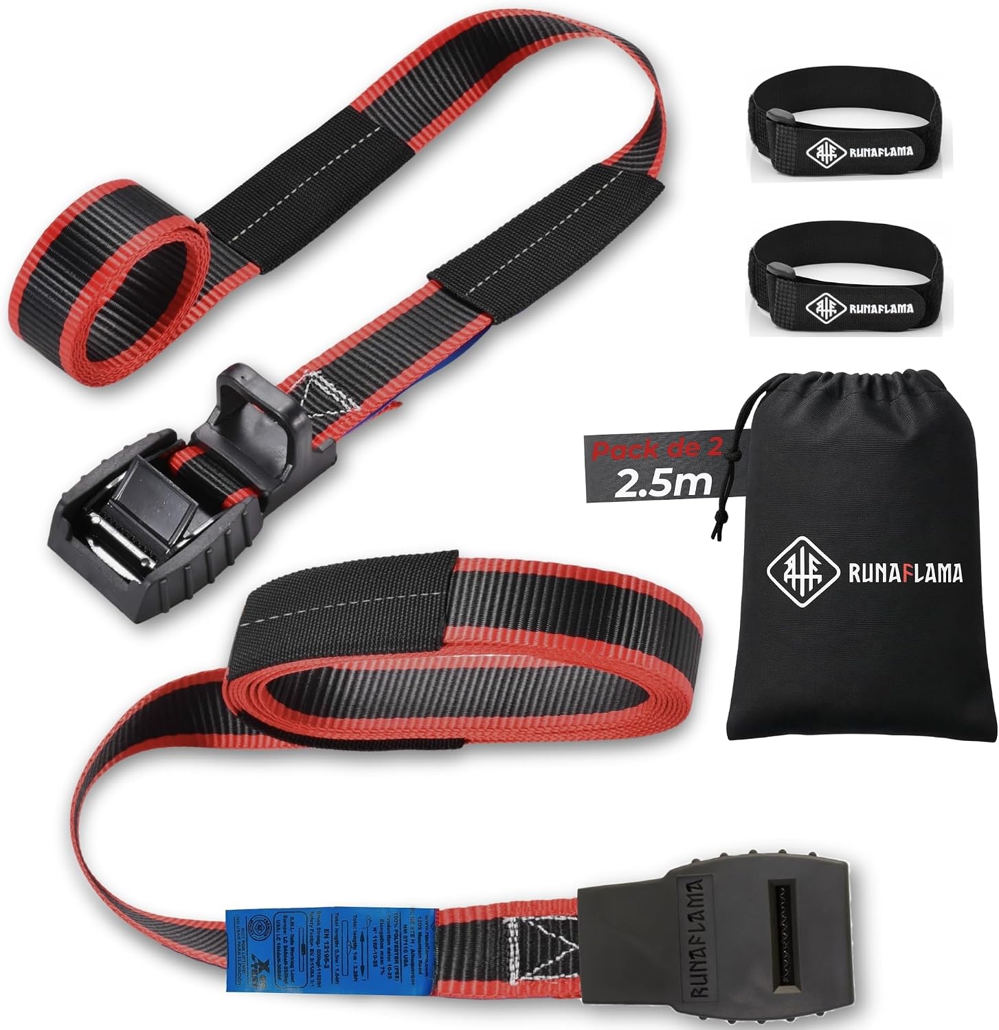 RUNAFLAMA - Cinchas de Amarre con Protección - Eslingas de Amarre para Baca, Surf, Kayak, Remolque Moto - Trinchas de Sujeción a Portabicicletas - Resistencia rotura 500 kgf por Cinta - 2 Correas 2,5m