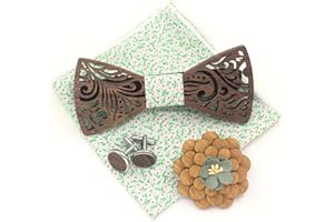 Cyriacus Juego de pajarita de madera, incluye papillón y gemelos, pañuelo cuadrado (3 unidades), diseño único calado, adecuado para usar en múltiples escenas