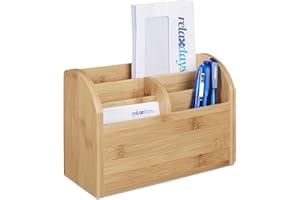 ‎RELAXDAYS Relaxdays Bambusowy organizer na biurko, uchwyt na długopisy, półka na listy, 5 przegródek, słojów drewna, 15 x 23 x 10 cm, naturalny brąz